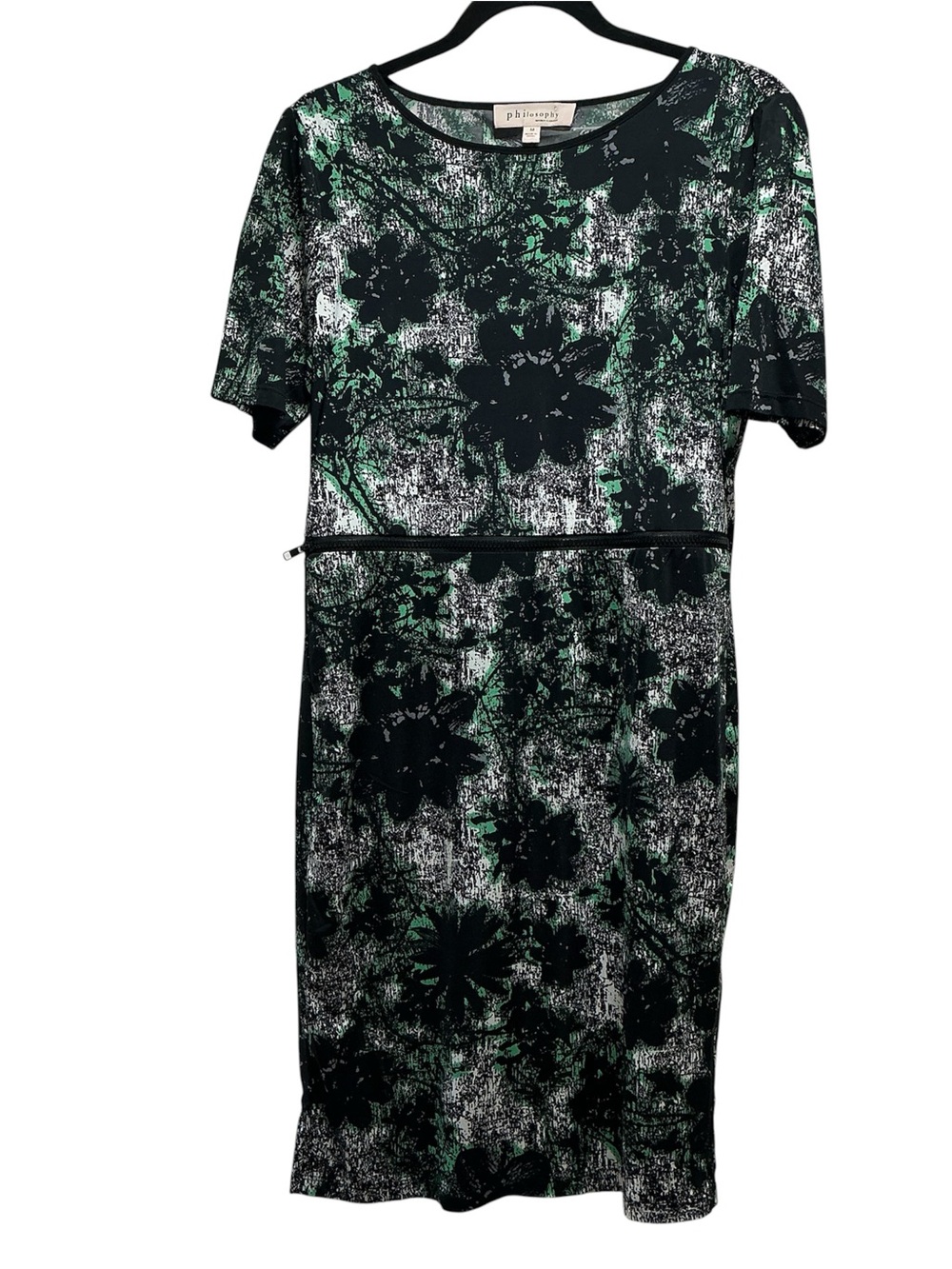 Philosophy Dress Womens Sz M Green Black Floral Sheath Zippered Midriff